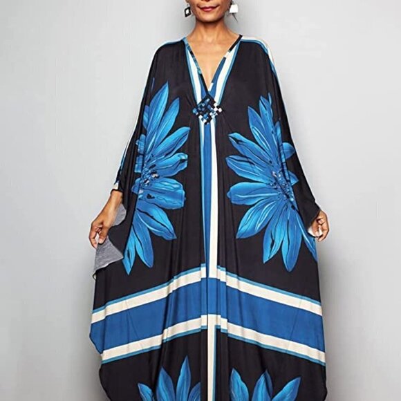 Blue Floral Print Lounge Kaftan Maxi Dress - Picture 7 of 11